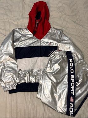 Polo Ralph Lauren Sport Silver Metallic Windbreaker Joggers Set Medium